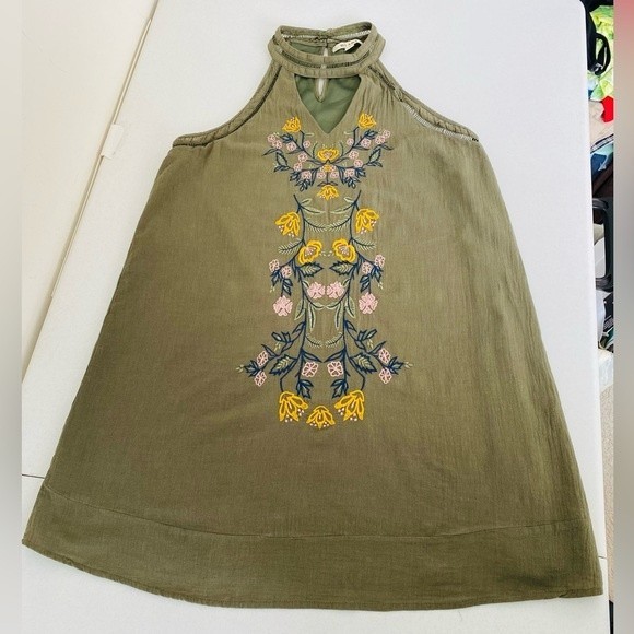 Miami Bohemian Sleeveless Embroidered Dress size Large Green Halter Key hole - Picture 7 of 16